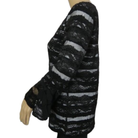 Karl Lagerfeld Black and White Lace Blouse with Bell Sleeves - Picture 4 of 7